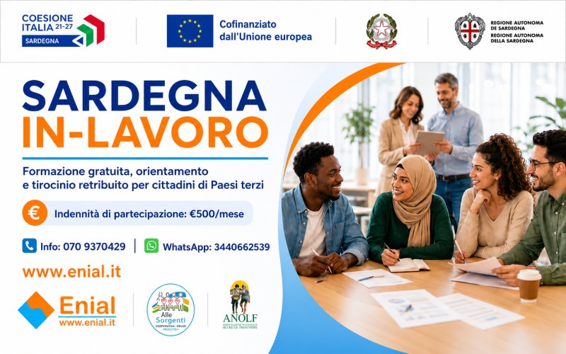 Locandina del progetto SARDEGNA IN-LAVORO per formazione gratuita, tirocinio retribuito e accompagnamento al lavoro per cittadini di Paesi terzi