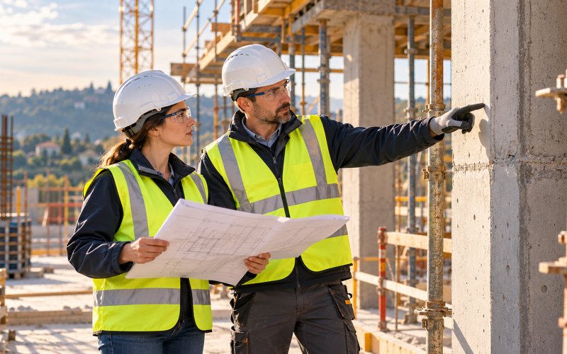 Tecnico che verifica la documentazione di sicurezza e qualità in un cantiere edile
