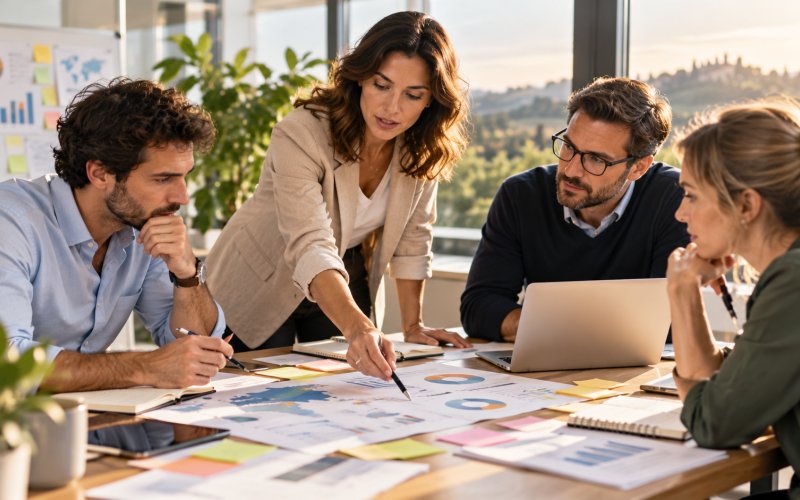 Professionisti che analizzano dati e pianificano una strategia di marketing
