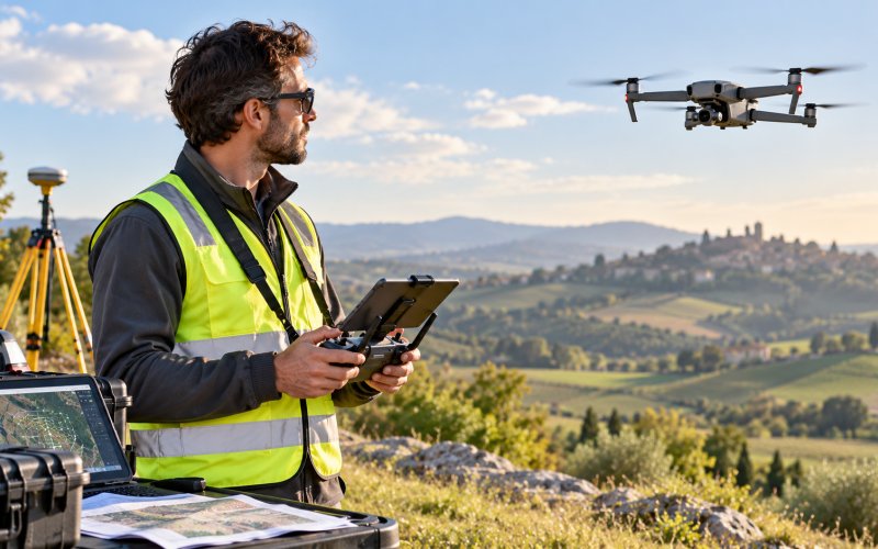Operatore adulto che controlla un drone in area aperta con adeguate condizioni di sicurezza
