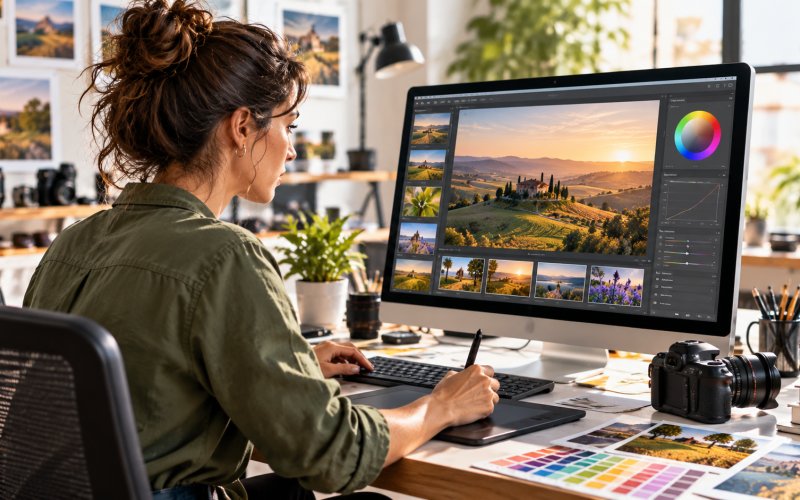 Grafico che lavora su immagini digitali con monitor e tavoletta grafica