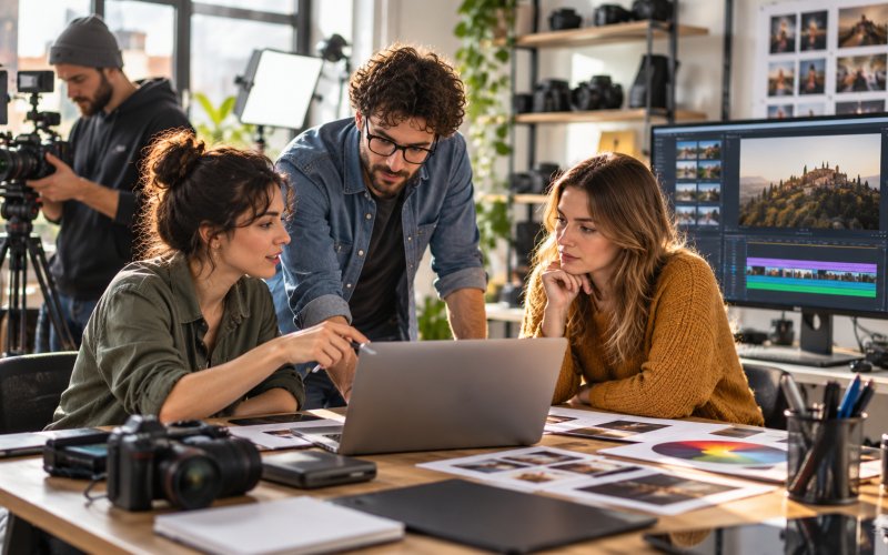 Creativo digitale che prepara contenuti video e grafici su workstation