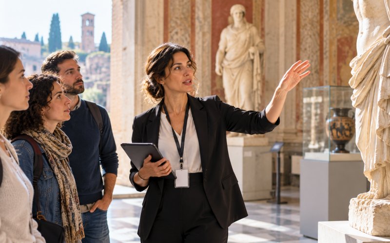 Operatore museale che illustra un percorso di visita in un museo