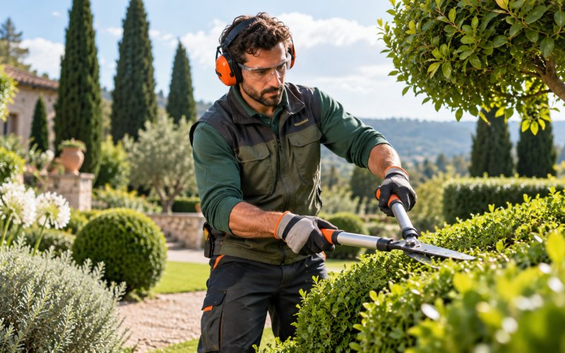 Addetto alla manutenzione del verde con attrezzatura professionale e DPI