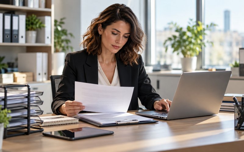 Operatrice amministrativa che organizza pratiche e documenti in ufficio