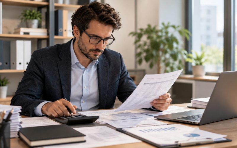 Professionista contabile che verifica dati e documenti di bilancio