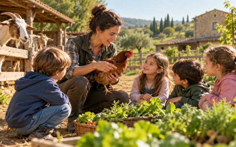 Operatore di fattoria didattica che spiega attività agricole a un piccolo gruppo di visitatori