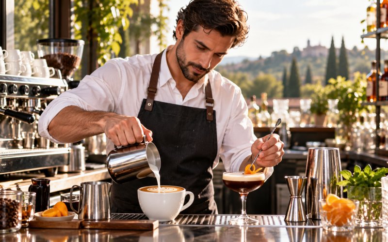 Barista che prepara una bevanda alla postazione caffetteria