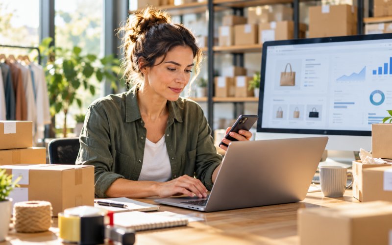 Addetta alle vendite che gestisce un catalogo e-commerce al computer