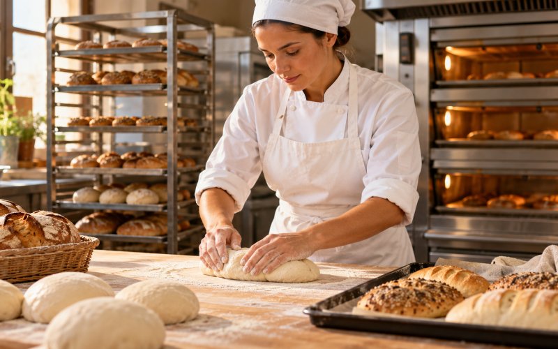 Operatore di laboratorio alimentare che lavora prodotti da forno in condizioni igieniche