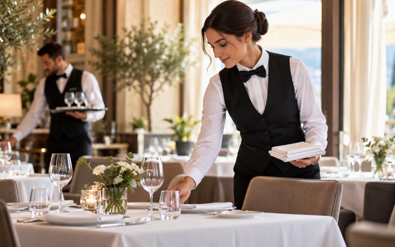Addetto sala che prepara i tavoli di un ristorante