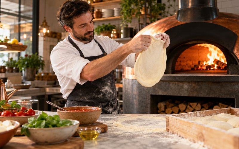 Pizzaiolo che lavora al banco con forno professionale