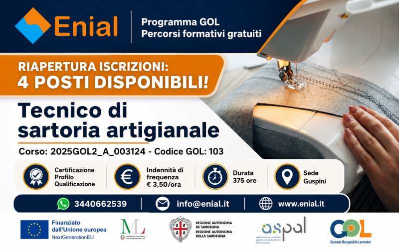 Locandina ENIAL del corso GOL Tecnico di sartoria artigianale con 4 posti disponibili a Guspini