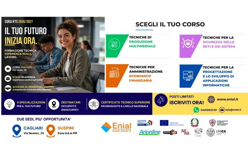 Banner corsi IFTS ENIAL 2026 2027 con quattro percorsi gratuiti per under 35, stage in azienda e certificazione IV livello EQF